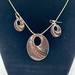 Vintage 80s Modernist Enamel and Rhinestone Necklace & Earring Set